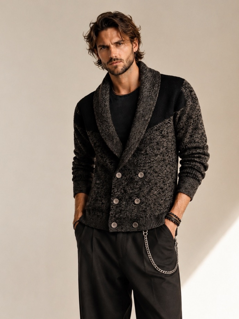 Vintage 80s Shawl Collar Double-Breasted Cardigan Grunge Kurt Cobain Oversized L